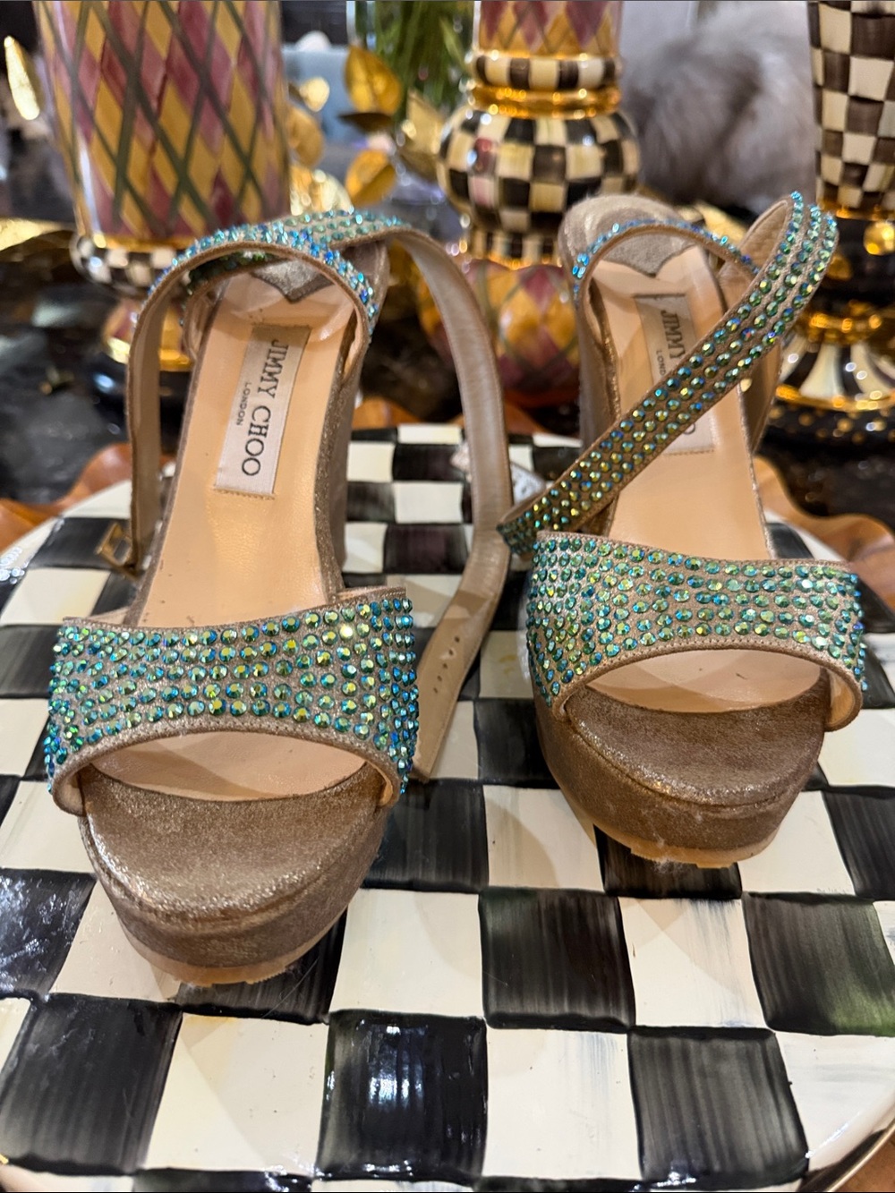 Jimmy Choo Brown Platform Sandals with Blue-Green Crystal Embellishments